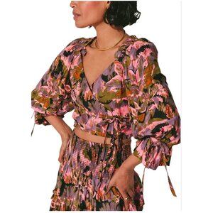 Cleobella Leighton Floral Wrap Crop Top with Puff Sleeves & Tie Details - Size S
